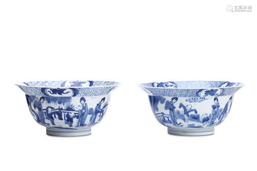 TWO CHINESE BLUE AND WHITE BOWLS. The rounded sides of the body decorated with a continuous garden