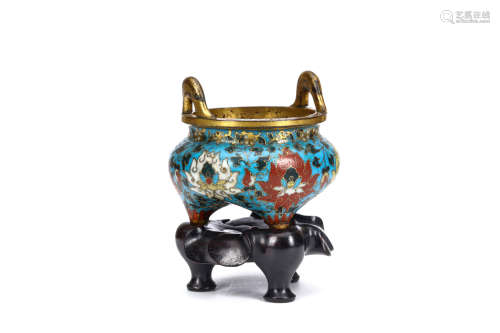A CHINESE CLOISONNÉ ENAMEL TRIPOD CENSER. Ming Dynasty, 16th Century. Decorated with lotus flowers