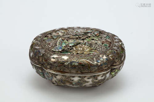 A SILVER AND ENAMEL ‘MILLEFLEUR’ BOX AND COVER. Meiji period. Of mokko form, richly decorated in