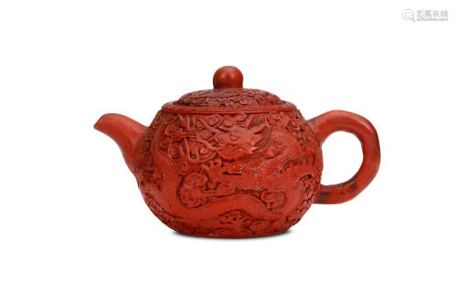 A CHINESE CINNABAR LACQUER MOUNTED YIXING TEAPOT AND COVER. Qing Dynasty, 19th Century. Of rounded