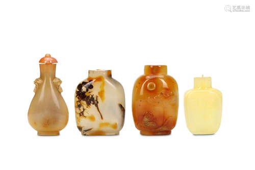 FOUR  CHINESE HARDSTONE SNUFF BOTTLES. Qing Dynasty, 19th Century. 5 – 7cm H. (4) 清十九世紀   硬石雕鼻煙壺一組四隻