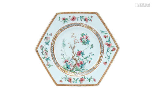 A PAIR OF CHINESE HEXAGONAL FAMILLE ROSE DISHES. Qing Dynasty, Yongzheng era. Enamelled with