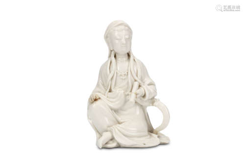 A CHINESE BLANC DE CHINE SEATED MODEL OF GUANYIN. Qing Dynasty, 19th Century. Seated with the legs