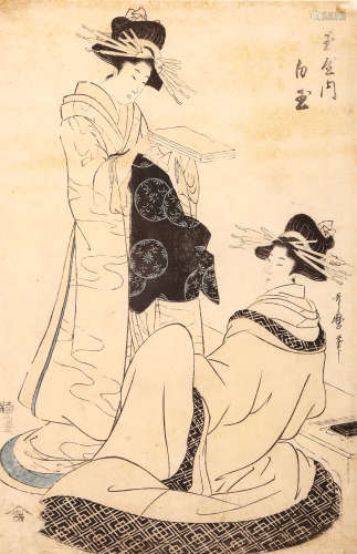 UTAMARO (1753 – 1806). Oban tate-e, depicting two courtesans of Tamaya house, signed Utamaro