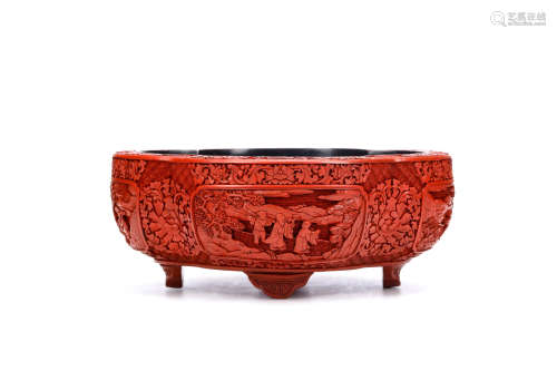 A CHINESE CINNABAR LACQUER JARDINIÈRE. Qing Dynasty, 18th Century. The quadralobed deep body