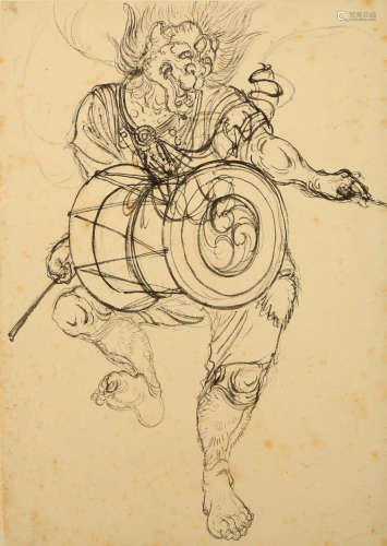 A DRAWING OF RAIJIN. 19th Century. Ink and pencil on paper, depicting a lion-faced god of thunder