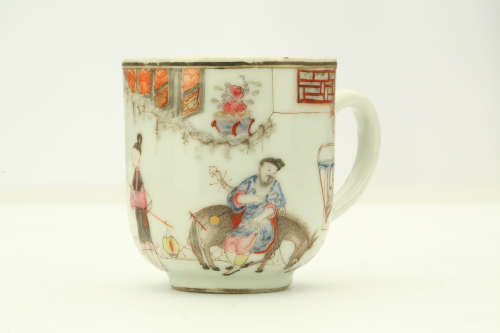 A CHINESE FAMILLE ROSE FIGURATIVE COFFEE CUP AND SAUCER. Qing Dynasty, Yongzheng era. Decorated with