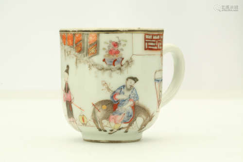 A CHINESE FAMILLE ROSE FIGURATIVE COFFEE CUP AND SAUCER. Qing Dynasty, Yongzheng era. Decorated with
