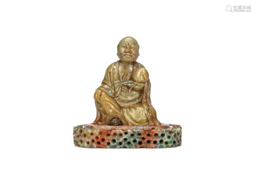 A CHINESE SOAPSTONE CARVING OF A LUOHAN HOLDING A PEACH. Signed Zifu, 17th century. Carved seated on