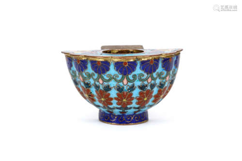 A CHINESE CLOISONNÉ ENAMEL BIRD FEEDER. Qing Dynasty. Modelled as half a bowl, with deep rounded