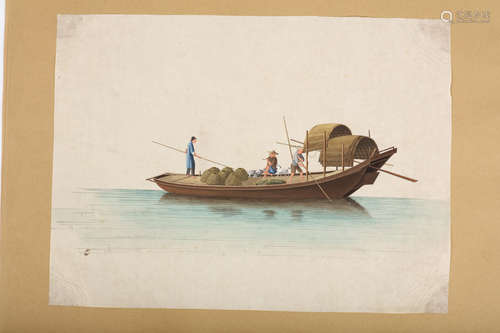 A COLLECTION OF FOUR CHINESE EXPORT PAINTINGS OF JUNKS. Qing Dynasty. 26 x 35cm. (4) 清   外銷繪畫四張