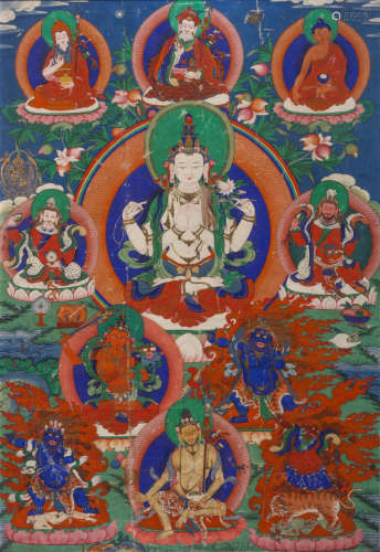 A THANGKA DEPICTING SHADAKSHARI AVALOKITESHVARA. 19th Century. 62 x 44cm. 十九世紀   繪圣觀音唐卡