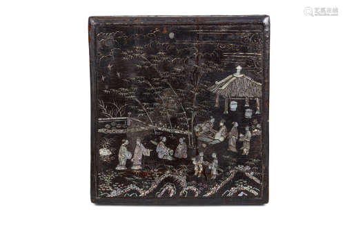 A CHINESE MOTHER-OF-PEARL INLAID BLACK LACQUER ‘SEVEN SAGES OF THE BAMBOO GROVE’ WRITING BOX. Ming