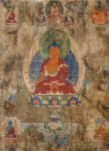A THANGKA DEPICTING SHAKYAMUNI BUDDHA. 19th Century. 62 x 45cm. 十九世紀   繪釋迦牟尼唐卡