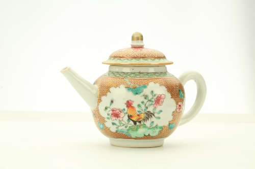 A CHINESE FAMILLE ROSE ‘COCKERALS’ TEAPOT AND COVER. Qing Dynasty, Yongzheng era. Decorated with