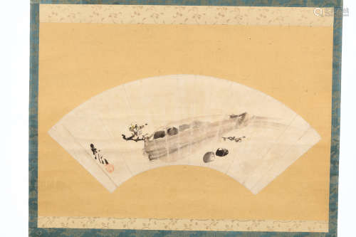 A FAN PAINTING SIGNED ZESHIN. 19th Century. Ink and slight colour on a mica ground, with a rice cake