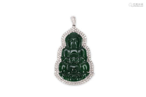 A CHINESE WHITE GOLD PENDANT MOUNTED WITH A JADEITE CARVING OF A SEATED BUDDHA. Mounted within two