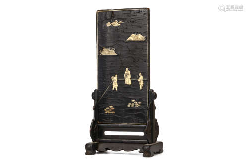 A CHINESE BONE INLAID BLACK LACQUERED SCREEN. Qing Dynasty, Kangxi era. The high rectangular panel