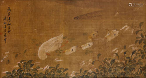 A CHINESE PAINTING OF DUCKS ON A POND. Ink and colour on silk, 54 x 98.7cm. 中國繪畫