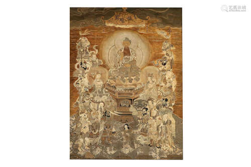 A LARGE EMBROIDERED HANGING. Meiji period. Worked in silk and metallic threads, applied over paper/