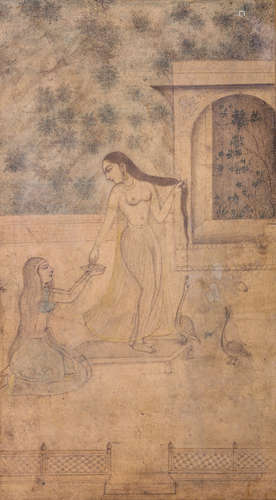 A MINIATURE PAINTING OF A LADY BATHING. India, 18th Century. Opaque watercolour on paper, framed and