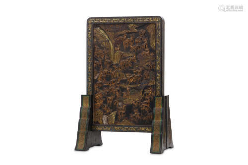 A CHINESE 'HUNDRED DEERS' INK CAKE TABLE SCREEN. Early 20th Century. The central panel moulded and