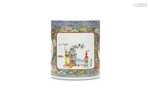 A CHINESE FAMILLE ROSE MILLEFLEUR-DECORATED BRUSHPOT WITH ‘TREASURES’ PANELS. 20th Century.