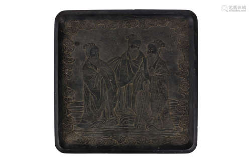 A CHINESE DUAN STONE TRAY. Qing Dynasty. Incised with a scene of three scholars standing within a