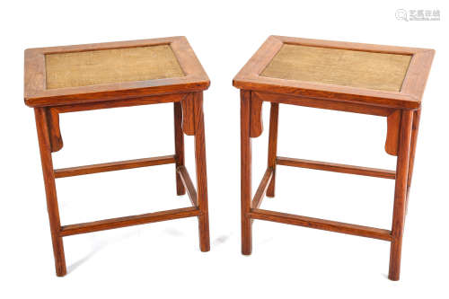 A PAIR OF CHINESE CARVED WOOD RECTANGULAR STOOLS, FANG DENG. Qing Dynasty. Each with a rectangular