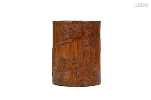 A CHINESE ‘DING SHAN SHOOTING GEESE’ BAMBOO BRUSH POT. Qing Dynasty. Incised to depict the