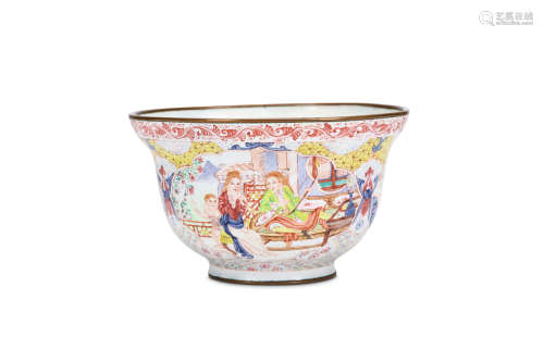 A CHINESE CANTON ENAMEL CUP WITH EUROPEAN SCENE. Qing Dynasty, 18th Century. Decorated with three