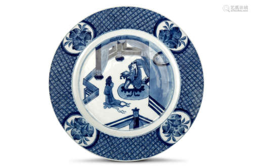 TWO CHINESE BLUE AND WHITE DISHES. Qing Dynasty, Kangxi era. The central roundel of each enclosing a