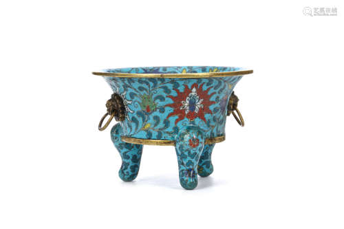 A CHINESE CLOISONNÉ ENAMEL TRIPOD CENSER. Qing Dynasty. Of circular form supported on three cabriole