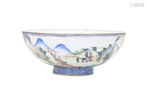 A CHINESE CANTON ENAMEL 'LANDSCAPE' BOWL. Qing Dynasty, 18th Century. The rounded sides decorated