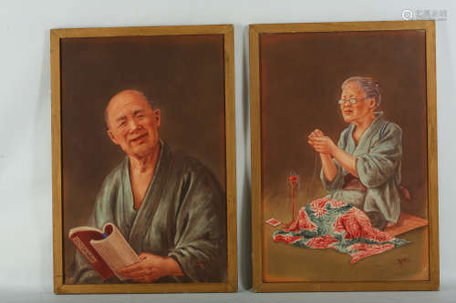 RYUKO TSUTAYA (1868 – 1933). Meiji period. A pair of watercolours, each depicting an old man reading