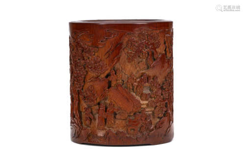 A CHINESE CARVED BAMBOO ‘SEVEN SAGES OF THE BAMBOO GROVE’ BRUSH POT. Qing Dynasty. Deeply incised to