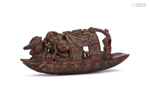 A SMALL CHINESE BAMBOO RAFT CAVING. Qing Dynasty. With two figures at the prow end of the vessel