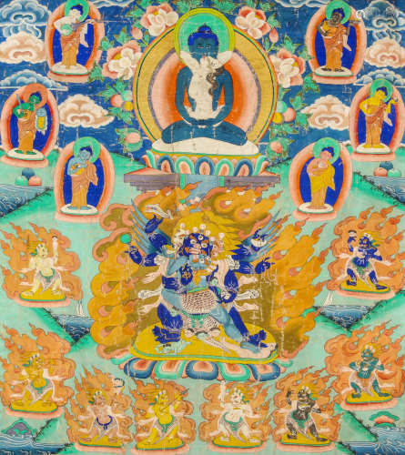 A LARGE THANGKA DEPICTING HAYAGRIVA. 19th Century. 94 x 82cm. 十九世紀   繪馬頭明王唐卡