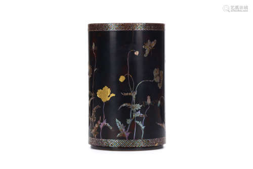 A MOTHER OF PEARL INLAID BLACK LACQUER BRUSH POT. Qing Dynasty. The cylindrical body supported on