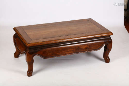 TWO CHINESE ROSEWOOD LOW TABLES. Qing Dynasty. One with stretchers, 35.2 x 55.7 x 28.3cm, 79 x 43.