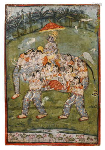 A MINIATURE PAINTING OF KRISHNA RISING A COMPOSITE ELEPHANT. India, 17th / 18th Century. The