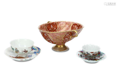 TWO CHINESE FAMILLE ROSE TEA BOWLS WITH SAUCERS Qing Dynasty, Yongzheng era Each decorated with a