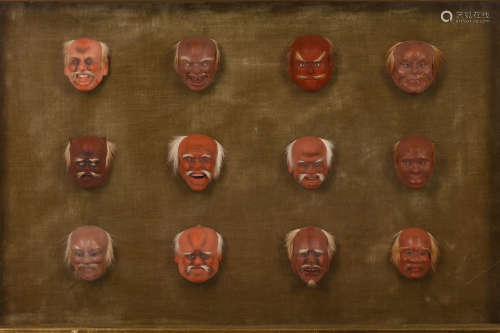 AN UNUSUAL GROUP OF TWELVE MINIATURE MASKS. Meiji period. Each painted in gesso on a