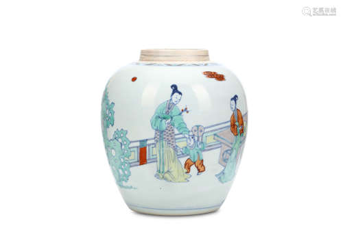 A CHINESE DOUCAI JAR. Qing Dynasty, Kangxi era. The ovoid jar decorated with a continuous scene of
