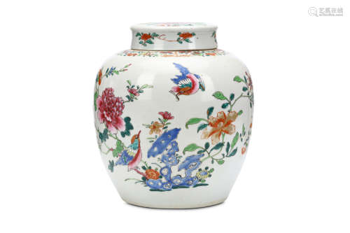 A FAMILLE ROSE JAR AND COVER. Qing Dynasty. The globular body brightly enamelled with birds above