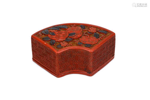 A CHIENSE CINNABAR LACQUER ‘PLUMS’ BOX AND COVER. Qing Dynasty, 18th Century. Of fan-shaped section,