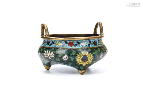 A CHINESE CLOISONNÉ ENAMEL TRIPOD CENSER. Early Ming Dynasty. The compressed body raised on three