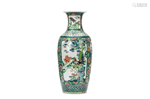 A CHINESE FAMILLE VERTE VASE. Qing Dynasty, 19th Century. Decorated with panels of a cockerel on a