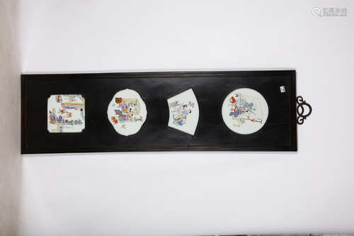 A SET OF FOUR CHINESE PORCELAIN PANELS. 19th / 20th Century. Each hardwood panel with four