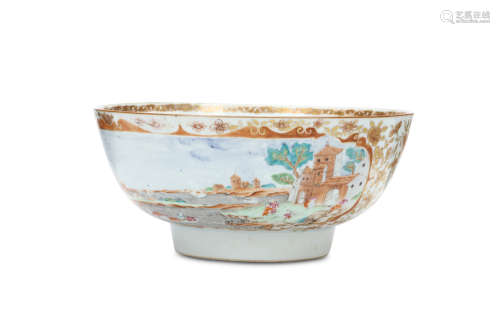 A CHINESE MEISSEN-STYLE DECORATED PUNCH BOWL. Qing Dynasty, 18th Century. Decorated with panels of